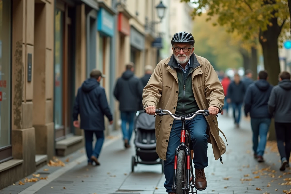Homme âgé poussant un vélo dans une rue résidentielle