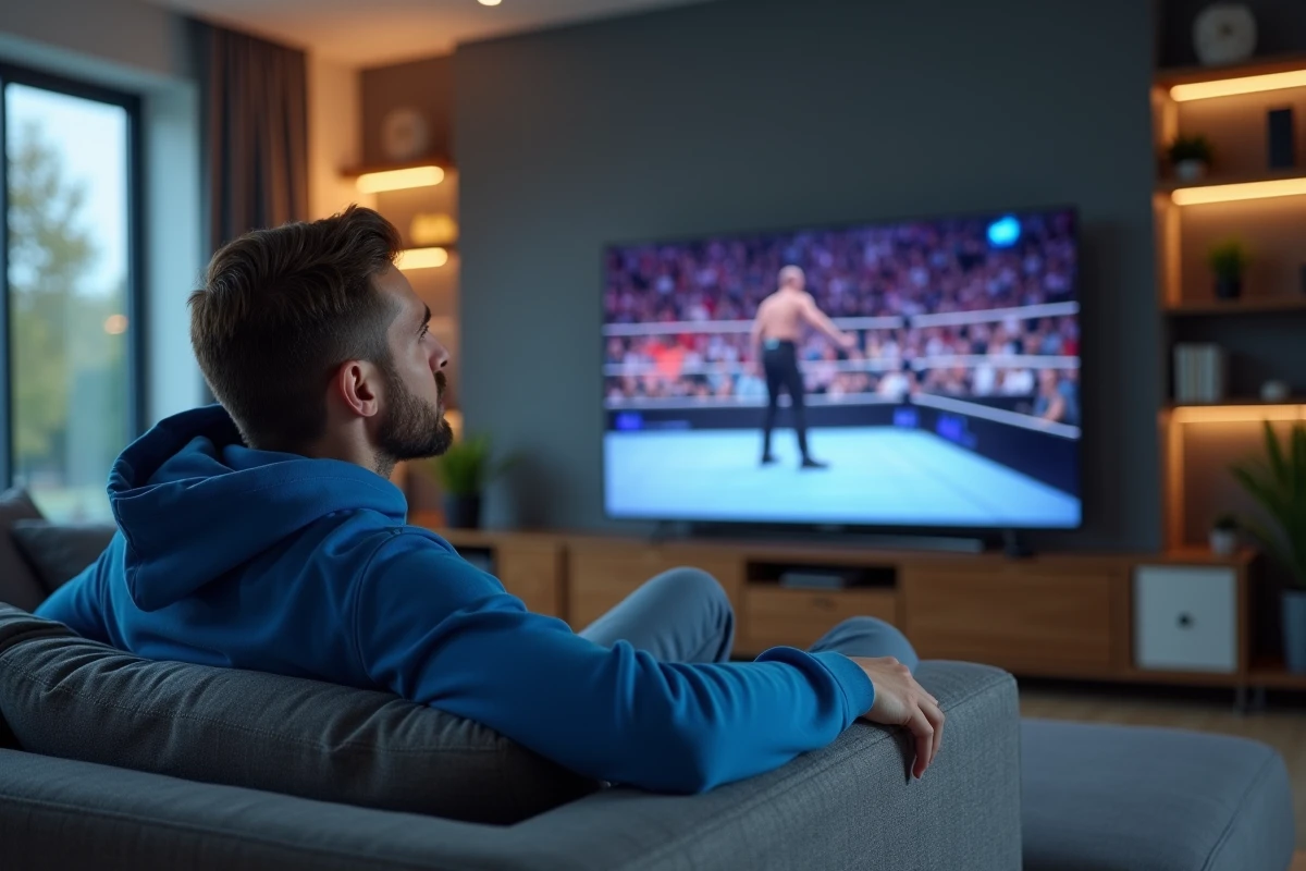 Jeune homme regardant un match de lutte à la télé dans un salon