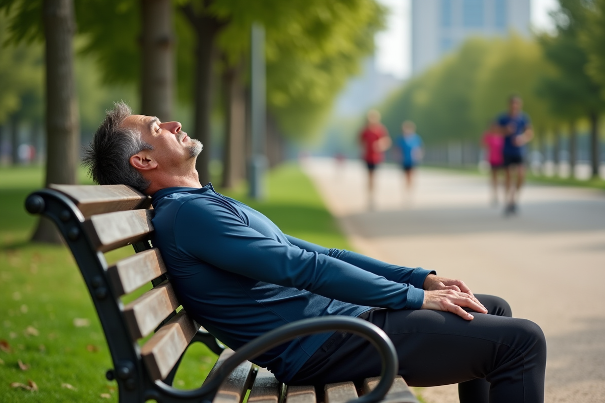 Homme en tenue de sport reposant sur un banc de parc