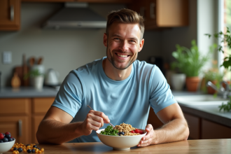 Homme en tenue de sport mangeant un bol coloré de quinoa et légumes