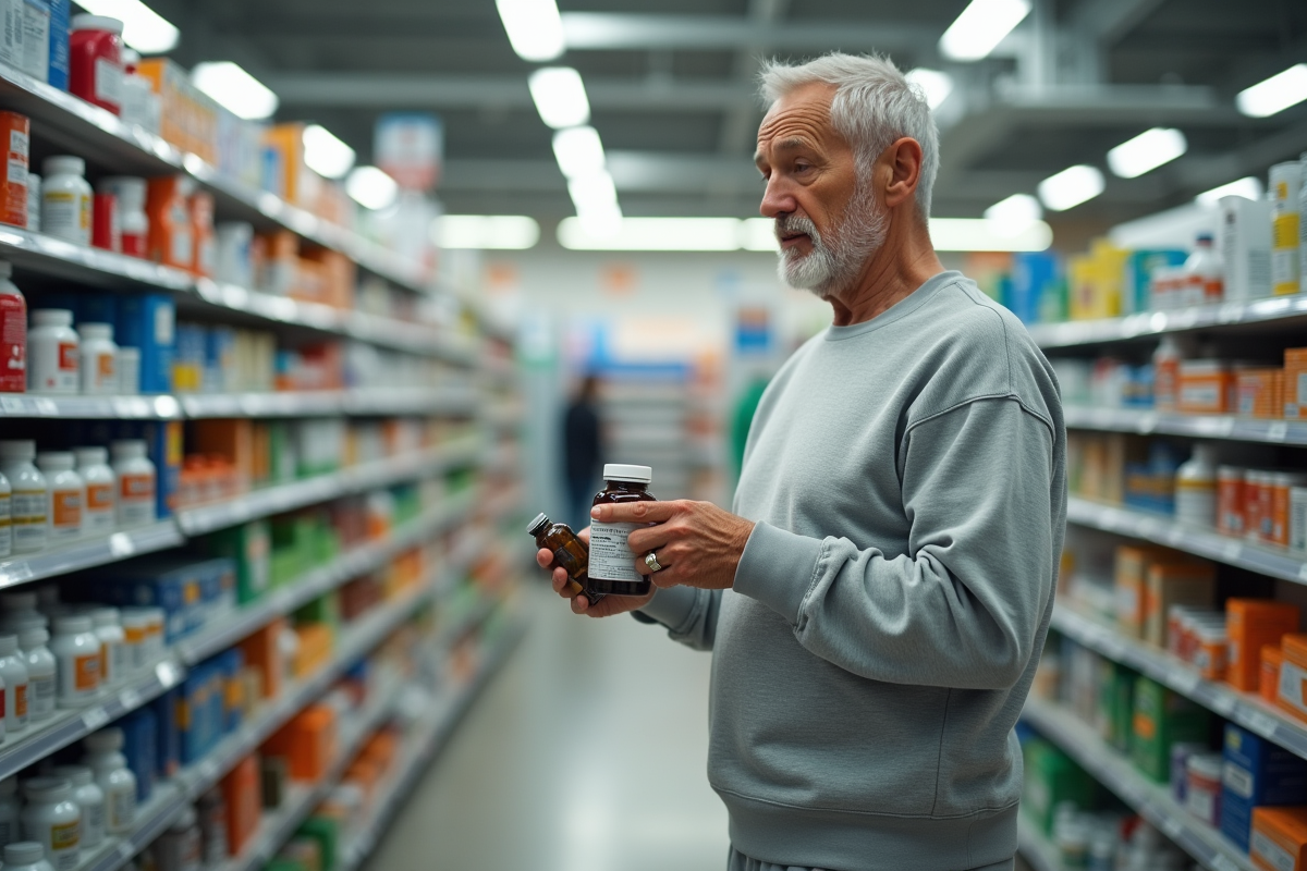 Homme senior comparant des bouteilles de compléments en pharmacie