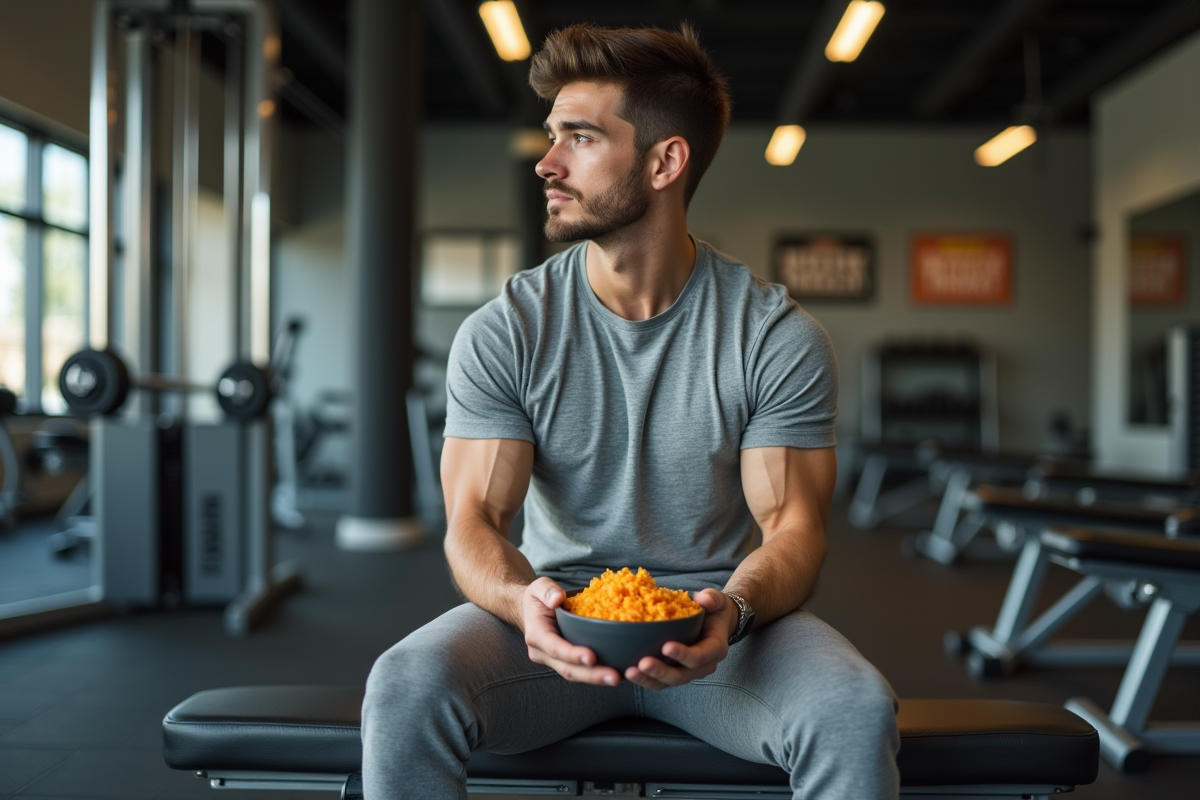 Jeune homme en salle de sport avec bol de riz et patates douces