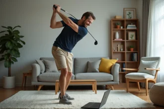 Homme souriant pratiquant le golf dans son salon