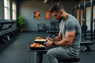 Homme en tenue de sport vérifiant son repas dans une salle de gym