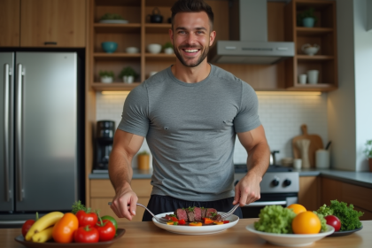 Jeune homme sportif préparant un plat sain dans la cuisine