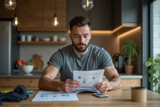 Homme sportif lisant un guide d'entraînement à la maison