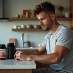 Suppléments musculation : faut-il les utiliser pour progresser efficacement ? Jeune homme examine un supplément de musculation dans la cuisine