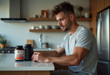 Suppléments musculation : faut-il les utiliser pour progresser efficacement ? Jeune homme examine un supplément de musculation dans la cuisine