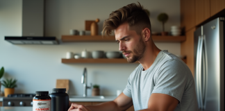 Jeune homme examine un supplément de musculation dans la cuisine