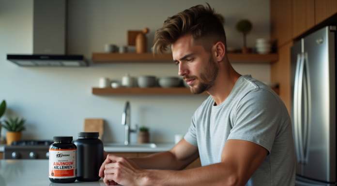 Suppléments musculation : faut-il les utiliser pour progresser efficacement ? Jeune homme examine un supplément de musculation dans la cuisine