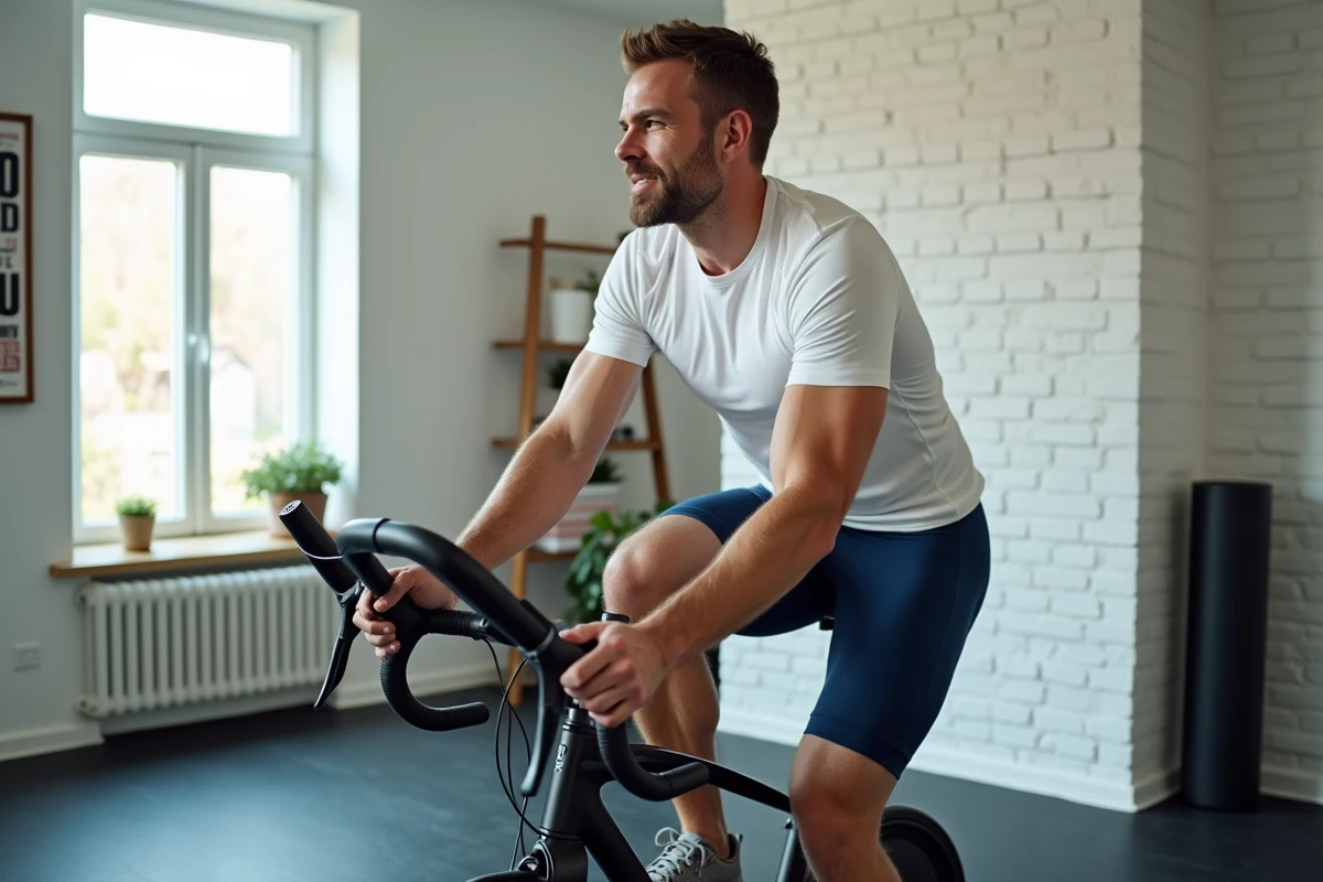 Homme pédalant sur un vélo d'appartement dans une salle de sport à domicile, comparaison avec le rameur pour le choix du cardio