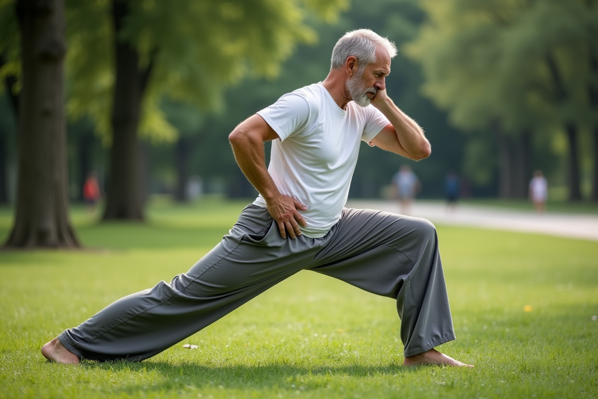Homme en posture guerrier dans parc naturel