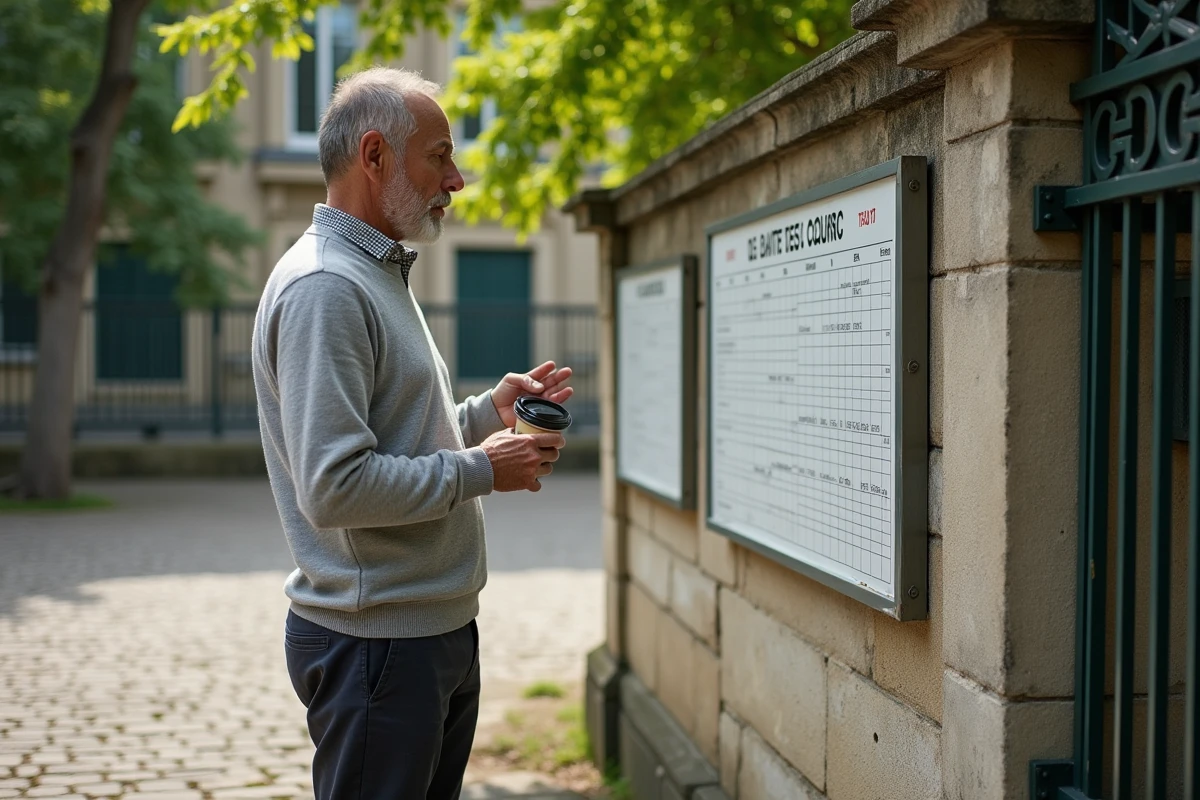 Homme consultant les horaires d'une piscine municipale parisienne affichés sur un panneau en pierre dans une cour pavée
