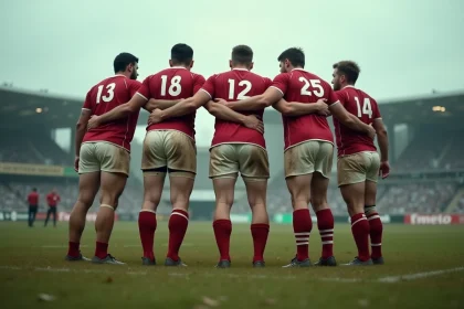 Joueurs de rugby en cercle sur un terrain boueux avant un match de Fédérale, phase de qualification 2026
