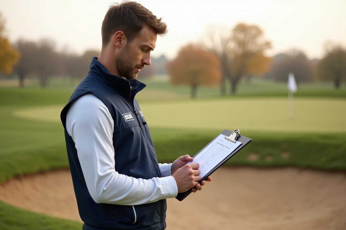Instructeur de golf consultant une routine d'entraînement au wedge près d'un bunker de sable