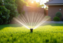 Jardin artificiel moderne avec arrosage automatique en été