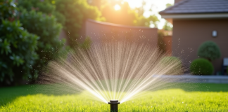 Jardin artificiel moderne avec arrosage automatique en été