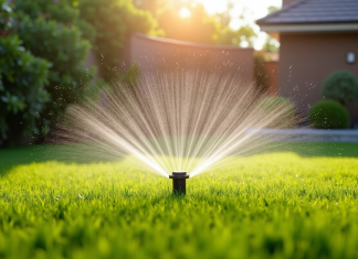Jardin artificiel moderne avec arrosage automatique en été