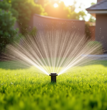Jardin artificiel moderne avec arrosage automatique en été