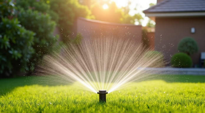 Jardin artificiel moderne avec arrosage automatique en été