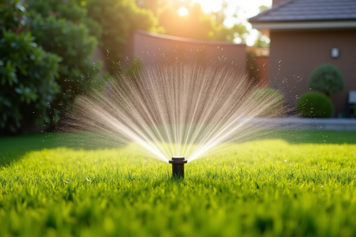 Jardin artificiel moderne avec arrosage automatique en été