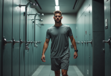 Jeune homme athlétique sortant de douche au gym