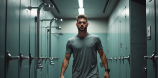 Jeune homme athlétique sortant de douche au gym