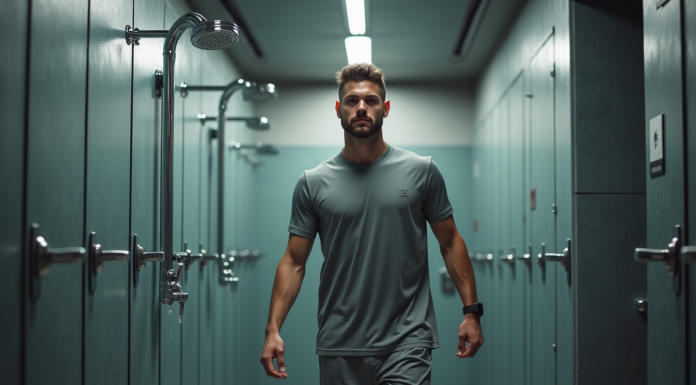 Douches : Basic Fit, disponibilité et équipements, ce qu’il faut savoir ! Jeune homme athlétique sortant de douche au gym