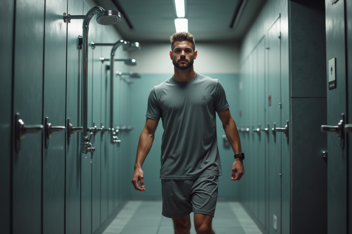 Jeune homme athlétique sortant de douche au gym