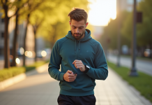 Jeune adulte confiant en tenue de sport vérifiant un tracker fitness en extérieur