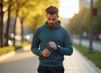 Jeune adulte confiant en tenue de sport vérifiant un tracker fitness en extérieur