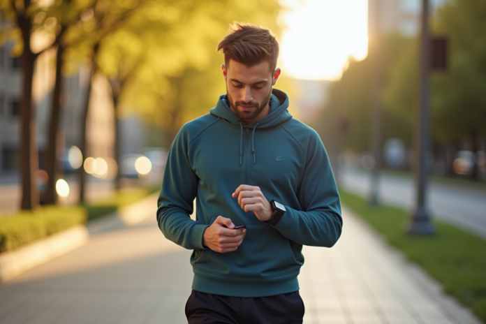 jeune-athlte-sportif-plein-air Jeune adulte confiant en tenue de sport vérifiant un tracker fitness en extérieur