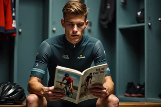 Jeune coureur cycliste professionnel en tenue d'équipe, assis dans un vestiaire, contemplant un magazine de cyclisme vintage, illustrant la réflexion des nouvelles générations sur l'héritage de Lance Armstrong