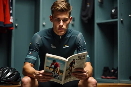 Jeune coureur cycliste professionnel en tenue d'équipe, assis dans un vestiaire, contemplant un magazine de cyclisme vintage, illustrant la réflexion des nouvelles générations sur l'héritage de Lance Armstrong