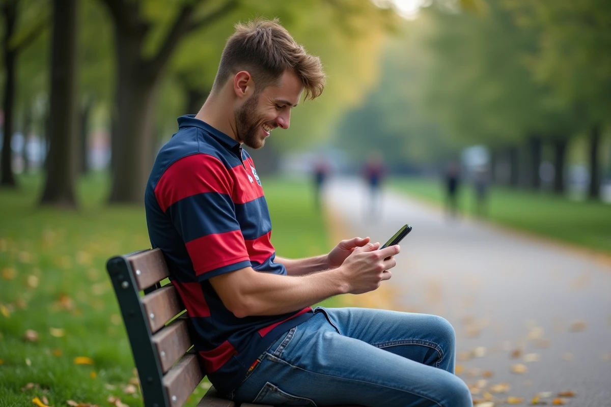Jeune homme rugby souriant avec smartphone dans un parc