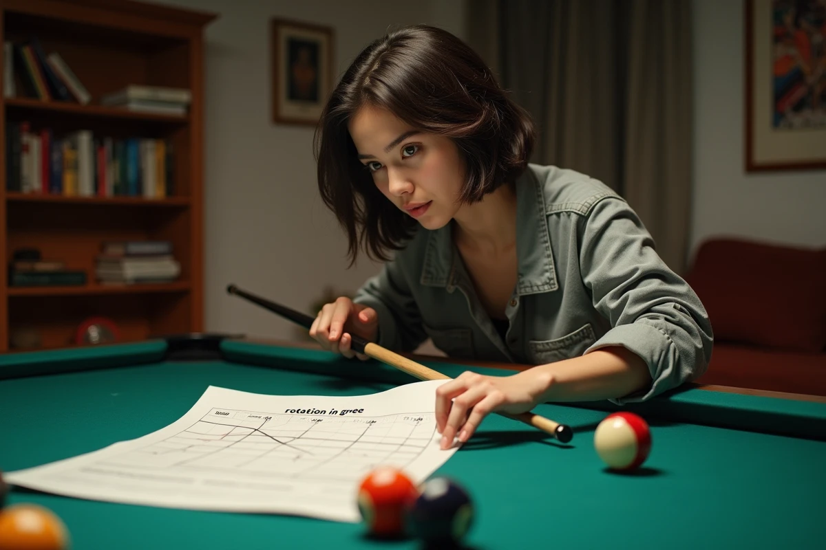 Jeune femme &eacute;tudie un graphique de rotation sur une table de billard