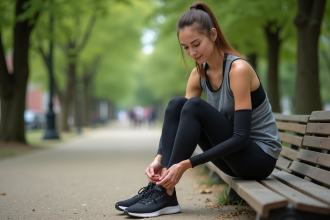 Jeune femme en course dans un parc urbain naturel