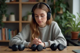 Jeune femme teste des écouteurs dans un bureau moderne
