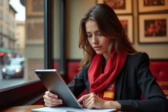 Jeune femme lisant actualites football sur tablette