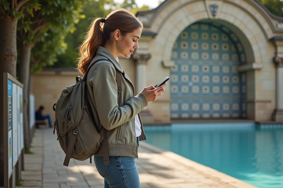 Jeune femme lisant un panneau d'information devant la piscine parisienne