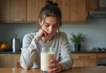 Jeune femme en sport dans la cuisine avec shake