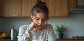 Jeune femme en sport dans la cuisine avec shake