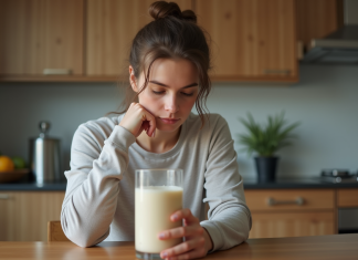 Jeune femme en sport dans la cuisine avec shake