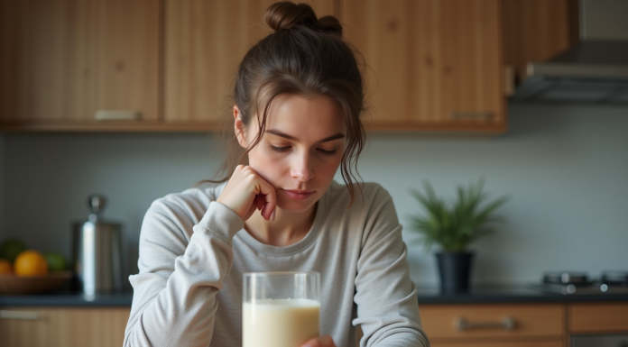 Effets indésirables de la protéine : comment les minimiser ? Jeune femme en sport dans la cuisine avec shake