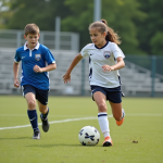 Sport: lutter contre les stéréotypes de genre dans la pratique Jeune fille en uniforme de soccer dribblant un ballon sur le terrain