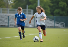 Jeune fille en uniforme de soccer dribblant un ballon sur le terrain