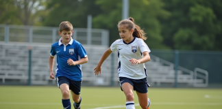 Jeune fille en uniforme de soccer dribblant un ballon sur le terrain