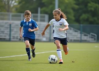 Sport: lutter contre les stéréotypes de genre dans la pratique Jeune fille en uniforme de soccer dribblant un ballon sur le terrain