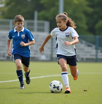 Sport: lutter contre les stéréotypes de genre dans la pratique Jeune fille en uniforme de soccer dribblant un ballon sur le terrain