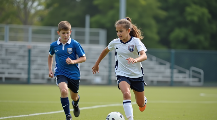 Sport: lutter contre les stéréotypes de genre dans la pratique Jeune fille en uniforme de soccer dribblant un ballon sur le terrain